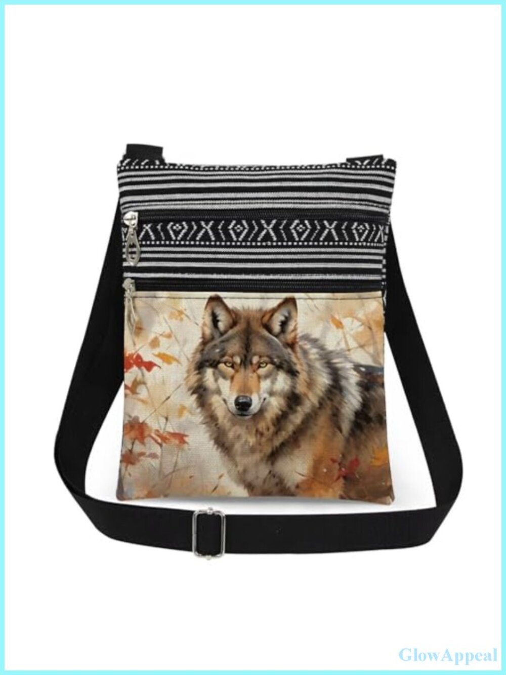 Wolf Print Crossbody Bag Polyester Fiber Adjustable Strap Double Zipper